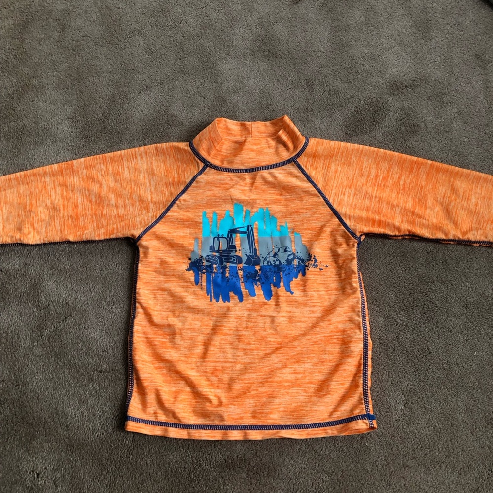 Kids Orange Long-Sleeve Swim Rashguard with Blue Construction Graphic sz 6
